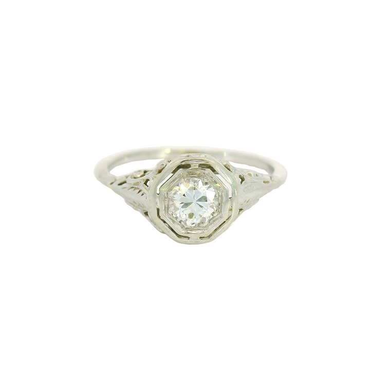 18KG White Gold Estate Solitaire Engagement Ring Total diamond weight for ring measures 0.5 ctw.