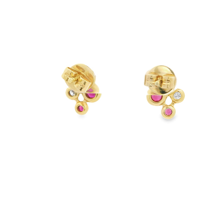 14K Yellow Gold Stud Earrings set with 6 Round Rubies, 0.48 ctw. and 4 Round G/H SI1 -SI2 Diamonds, 0.09 ctw.