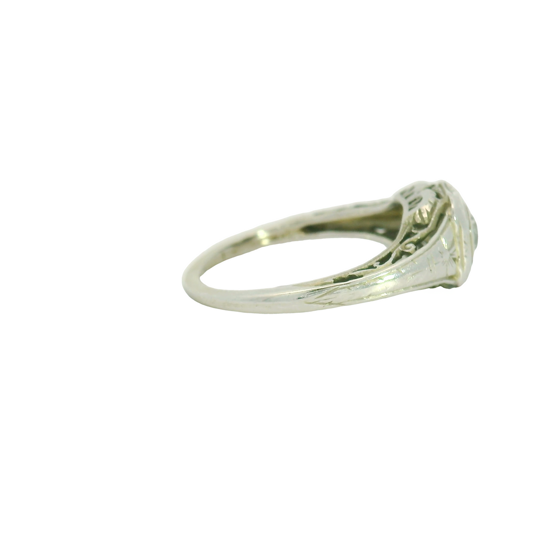 18K White Gold Estate Solitaire Engagement Rings set with 1 H VS1 0.42 Ct. Old European Cut Diamond center stone, Total diamond weight for ring measures 0.42 ctw.