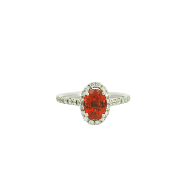 18K White Gold Estate Halo Gemstone Ring set with 1 Spinel 1.30  ctw, and 57 Round G/H SI Diamonds, 0.45 ctw,  total stone weight measures 1.75 ctw.