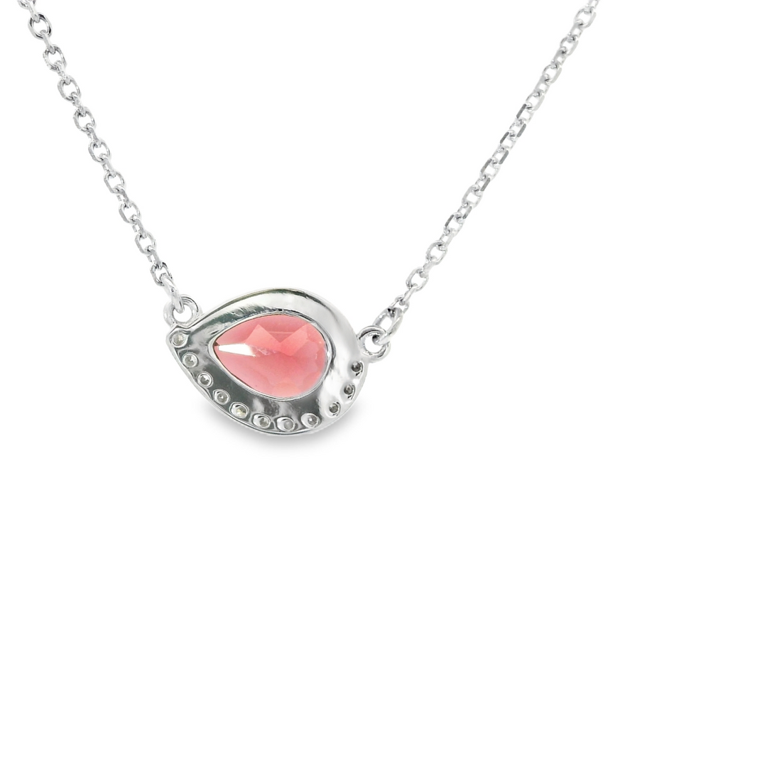 Marthaler Made14K White Gold Half Halo Gemstone Pendant with 1 Pear Garnet, 0.80 ct and 11 Round Diamonds, 0.06 ctw on a 18 inch 14K White Cable chain