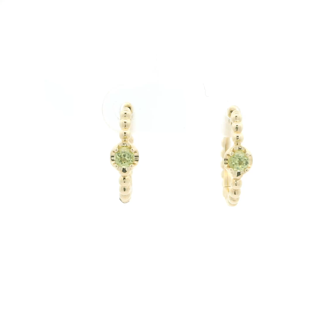 14K Yellow Gold Beaded Hoop Earrings set with 2 Round Peridot, 0.23 ctw