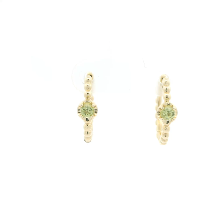 14K Yellow Gold Beaded Hoop Earrings set with 2 Round Peridot, 0.23 ctw