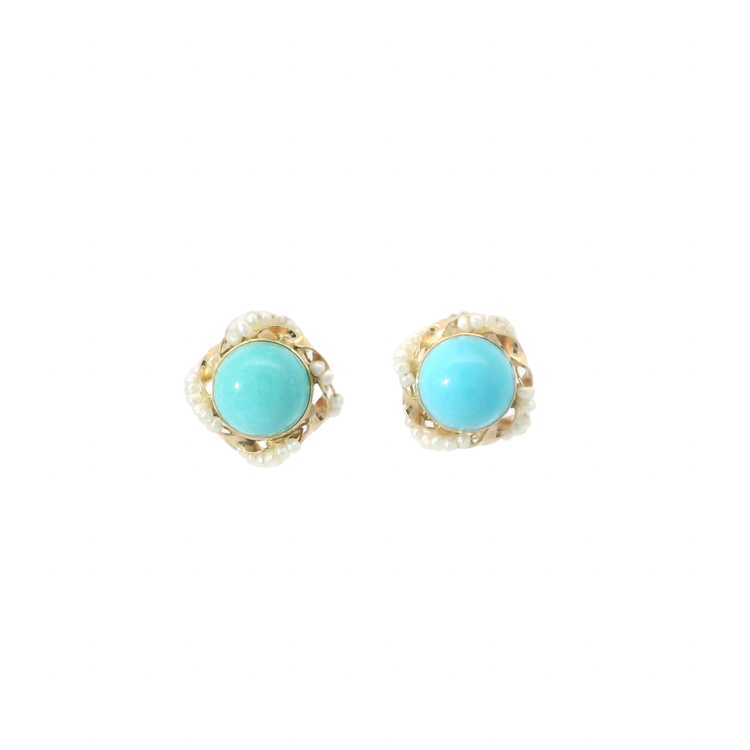 Estate 14K Yellow Gold Stud Earrings set with 2 Round Cabochon Turquoise, 8mm and 58 Pearls