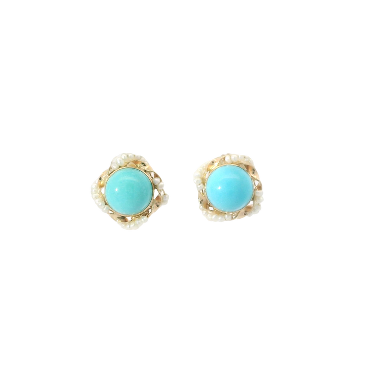 Estate 14K Yellow Gold Stud Earrings set with 2 Round Cabochon Turquoise, 8mm and 58 Pearls