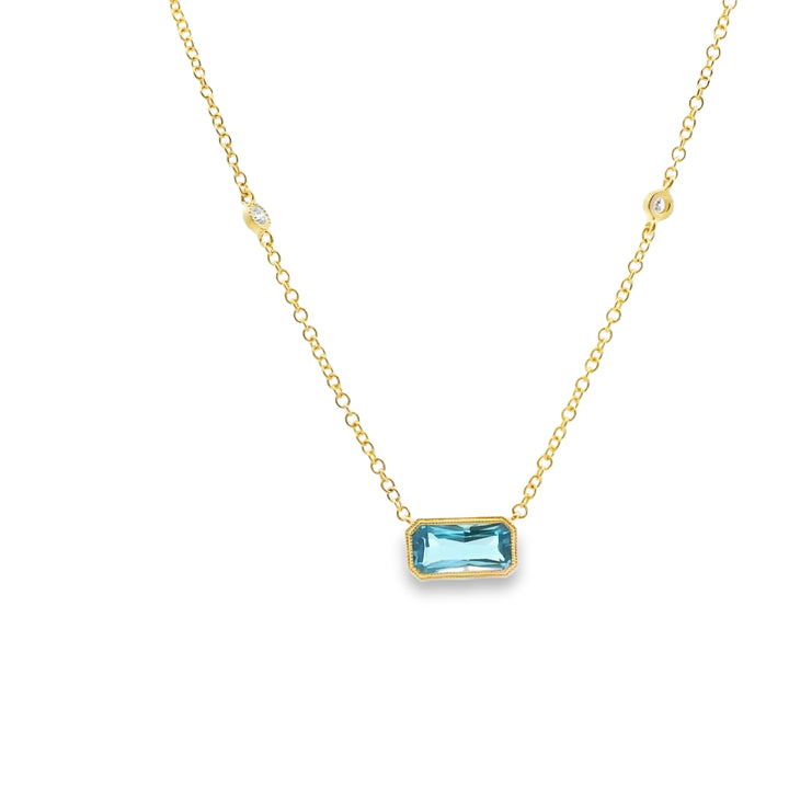 14K Yellow Gold Bezel Pendant with 1 Baguette Topaz, 1.07 ct and 6 Round Diamonds, 0.11 ctw on a 18 inch Cable Chain