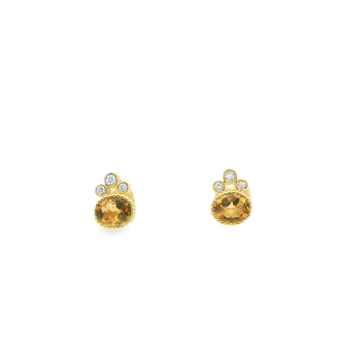 14K Yellow Gold Stud Earrings set with 2 Oval Citrines, 0.73 ctw and 6 Round Diamonds, 0.05 ctw