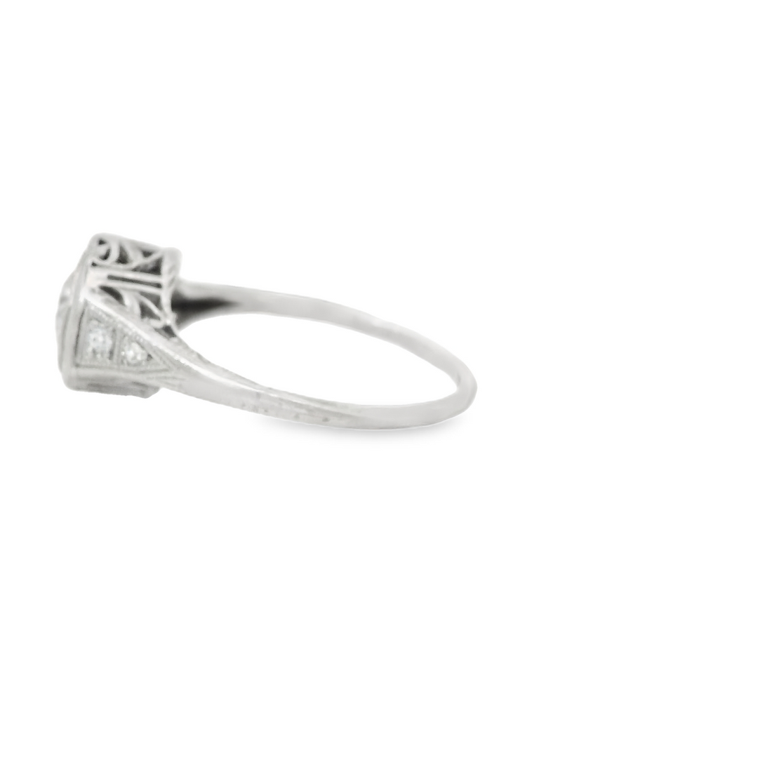 Platinum Estate Filigree, Solitaire Engagement Rings set with 1 H/I SI1 0.62 Ct. Round Diamond center stone, Total diamond weight for ring measures 0.67 ctw.