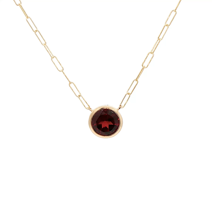 14K Yellow Gold Bezel Pendant with 1 Round Garnet, 1.60 ct on a 16 inch Paperclip Chain