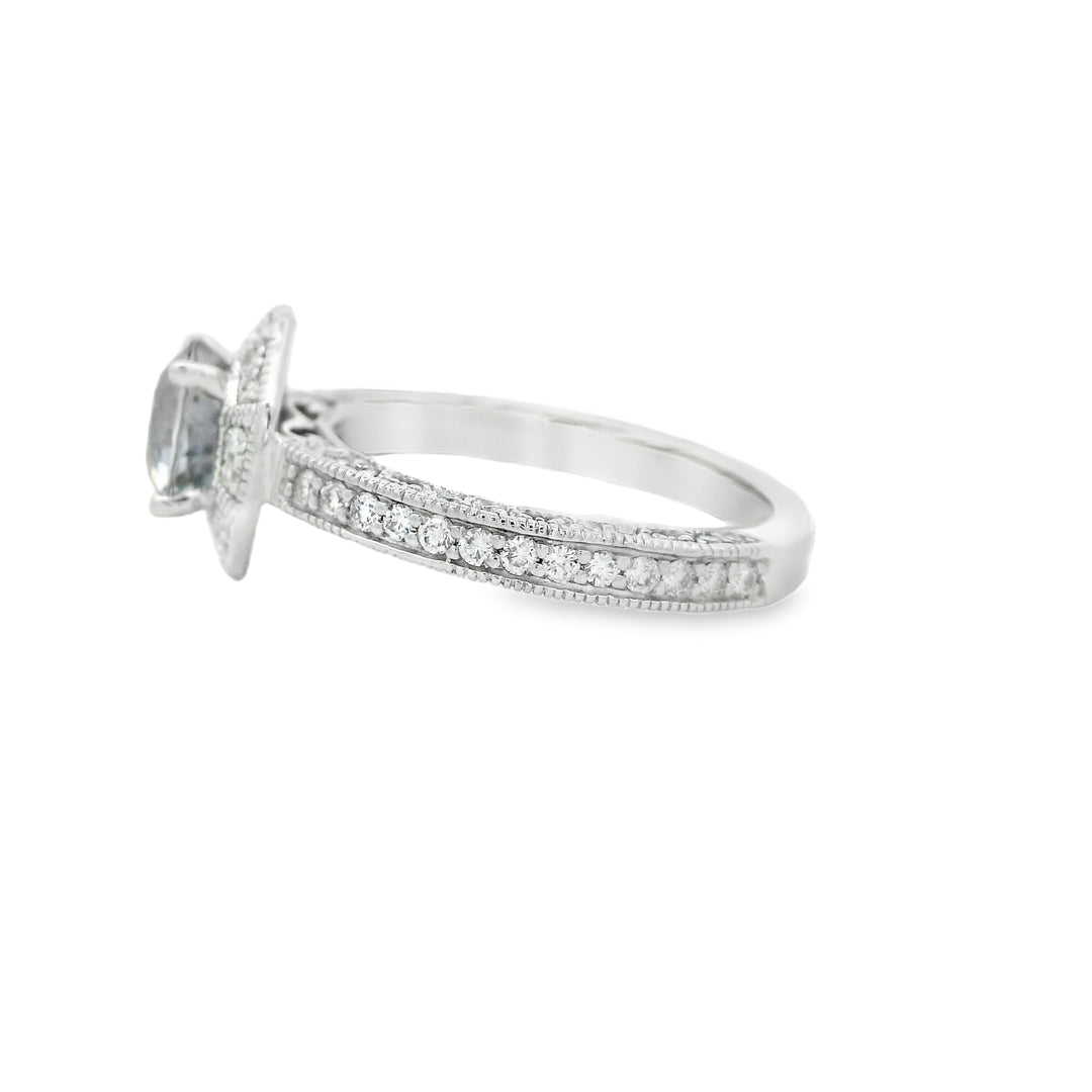 14K White Gold Halo Gemstone Ring set with 1 Round Gray Spinel, 1.43 ct and 74 Round Diamonds, 0.50 ctw