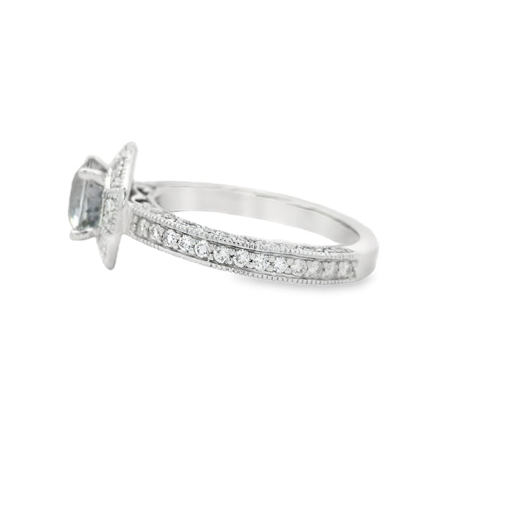 14K White Gold Halo Gemstone Ring set with 1 Round Gray Spinel, 1.43 ct and 74 Round Diamonds, 0.50 ctw