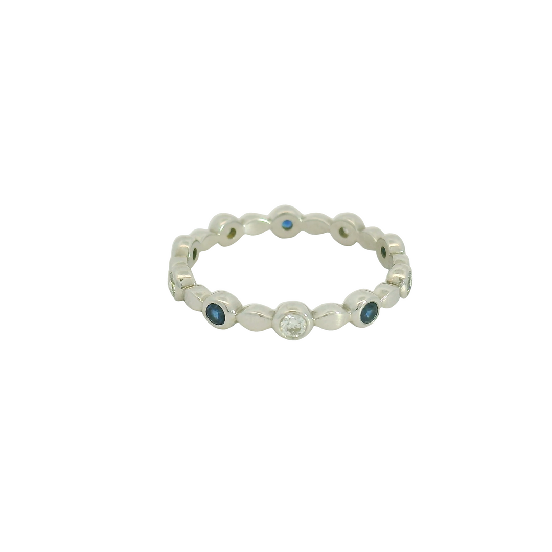 14K White Gold Estate Band Gemstone Ring set with 5 Sapphires, 0.20 ctw and 5 G/H Round Diamonds, 0.15 ctw.,  total stone weight measures 0.35 ctw.