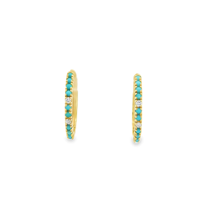 14K Yellow Gold Oval Hoop Earrings set with 20 Round Turquoises, 0.42 ctw and 4 Round Diamonds, 0.06 ctw