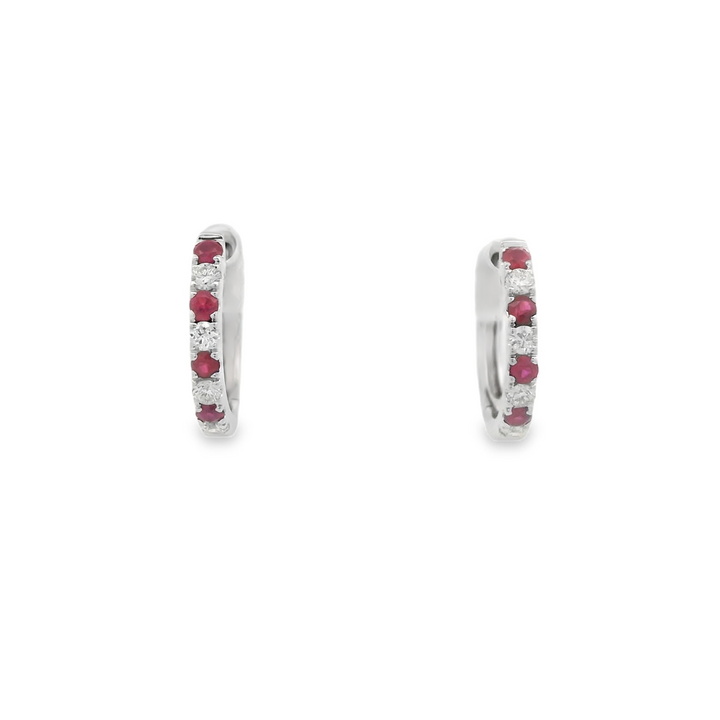 14K White Gold Huggie Earrings set with 8 Round Rubies, 0.33 ctw. and 8 G/H SI1-SI2 Diamonds 0.14 ctw.