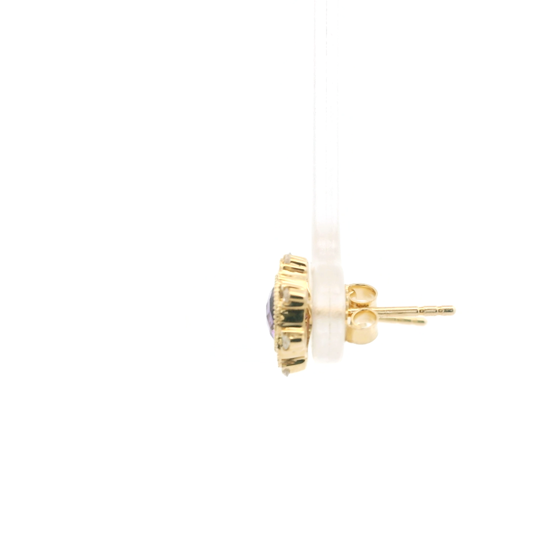 14K Yellow Gold Stud Earrings set with 2 Round Amethysts, 0.93 ctw and 16 Round Diamonds, 0.13 ctw