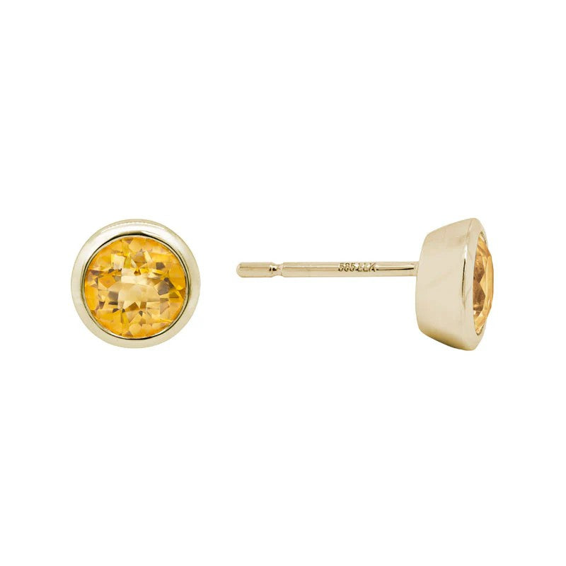 14K Yellow Gold Bezel Stud Earrings set with 2 Round Citrines, 1.55 ctw