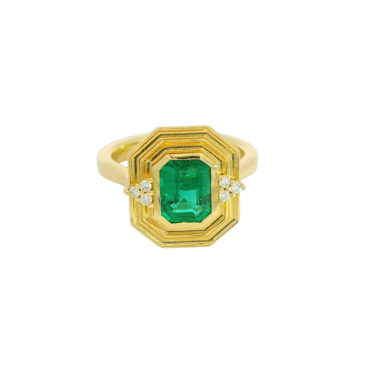 Marthaler Made 14K Yellow Gold Bezel Gemstone Ring set with 1 Emerald total stone weight measures 1.69 ctw.