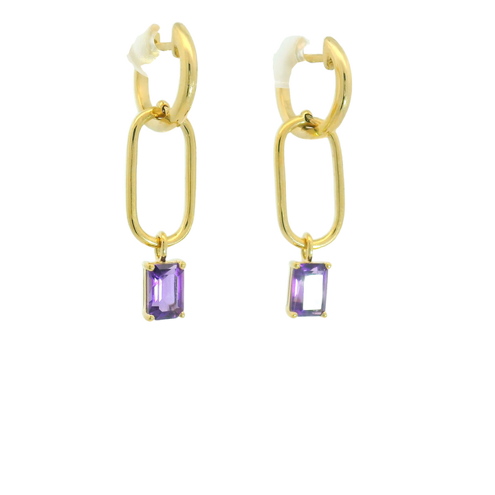 14K Yellow Gold Drop Earrings set with 2 Emerald Cut Amethysts, 1.16 ctw.