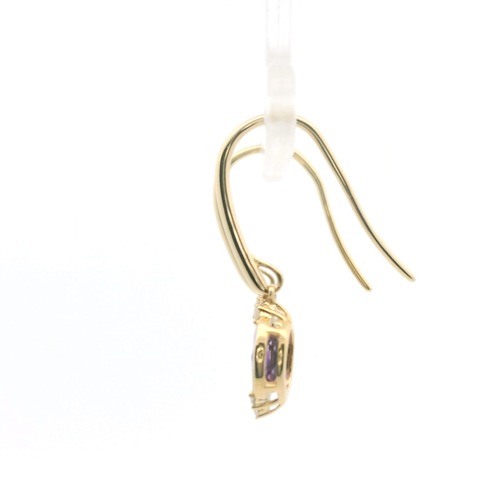 14K Yellow Gold Dangle Earrings set with 2 Oval Amethysts, 0.74 ctw and 12 Round Diamonds, 0.06 ctw