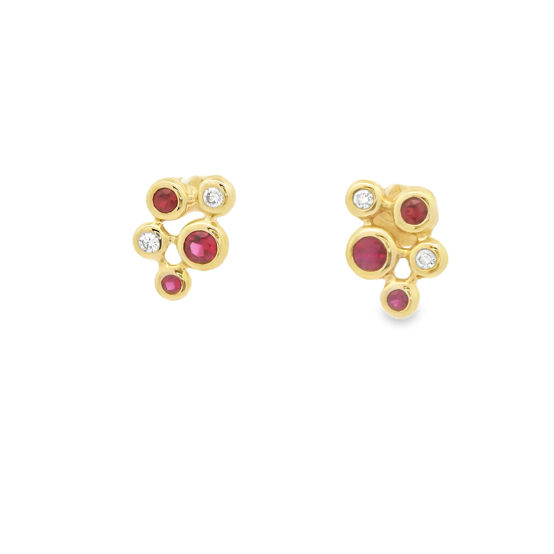 14K Yellow Gold Stud Earrings set with 6 Round Rubies, 0.48 ctw. and 4 Round G/H SI1 -SI2 Diamonds, 0.09 ctw.