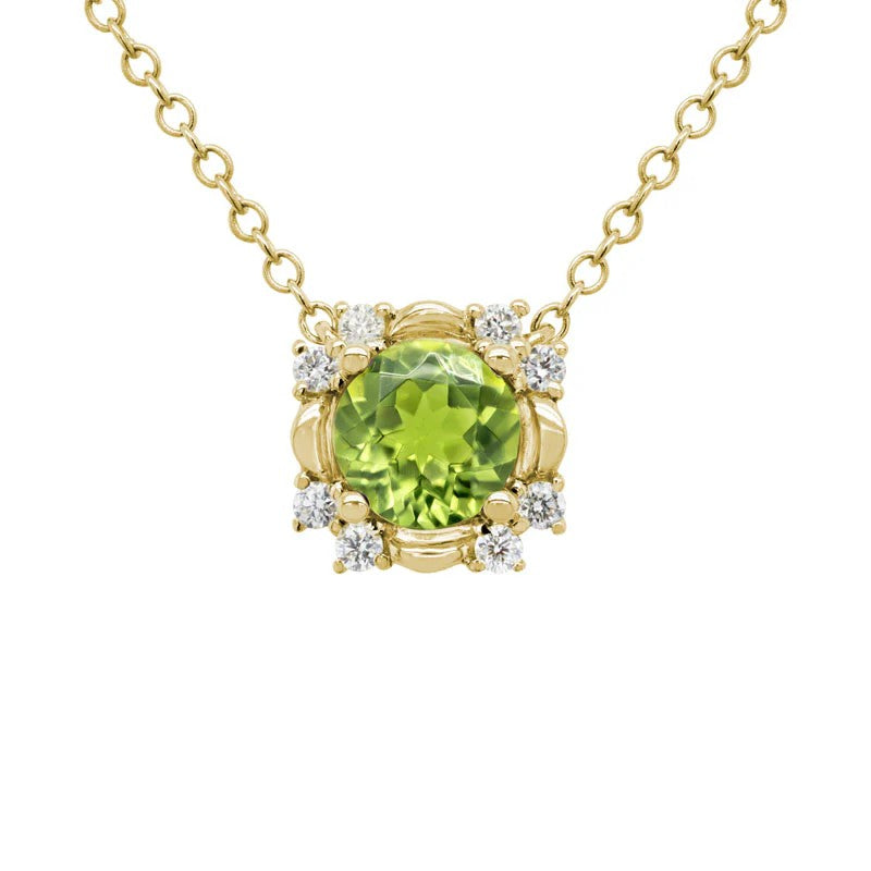 14K Yellow Gold Stationary Pendant with 1 Round Peridot, 0.45 ct and 8 Round Diamonds, 0.08 ctw on a 16-18 Cable Chain