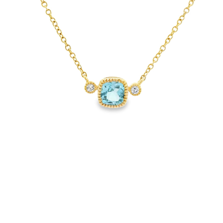 14K Yellow Gold Milgrain Bezel Pendant with 1 Cushion Blue Topaz, 0.60 ct and 2 Round Diamonds, 0.05 ctw on a 18 inch Cable Chain