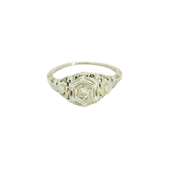 14KG White Gold 0.06ctw. Diamond Vintage Inspired Estate Engagement Ring