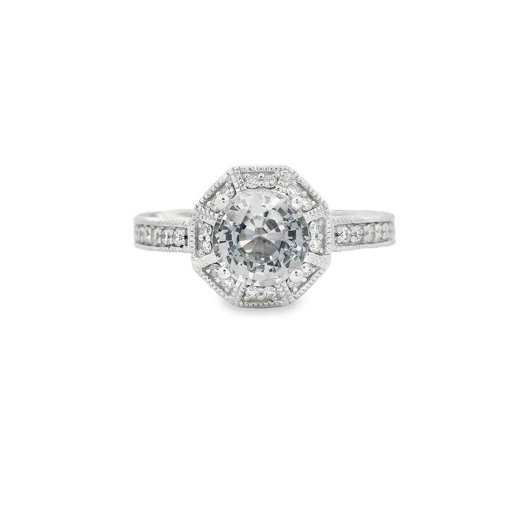 14K White Gold Halo Gemstone Ring set with 1 Round Gray Spinel, 1.43 ct and 74 Round Diamonds, 0.50 ctw