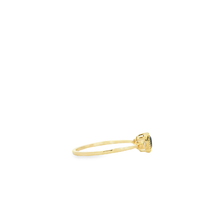 14K Yellow Gold Milgrain Bezel Three Stone Ring with 1 Cushion Amethyst, 0.61 ct and 2 Round Diamonds, 0.06 ctw