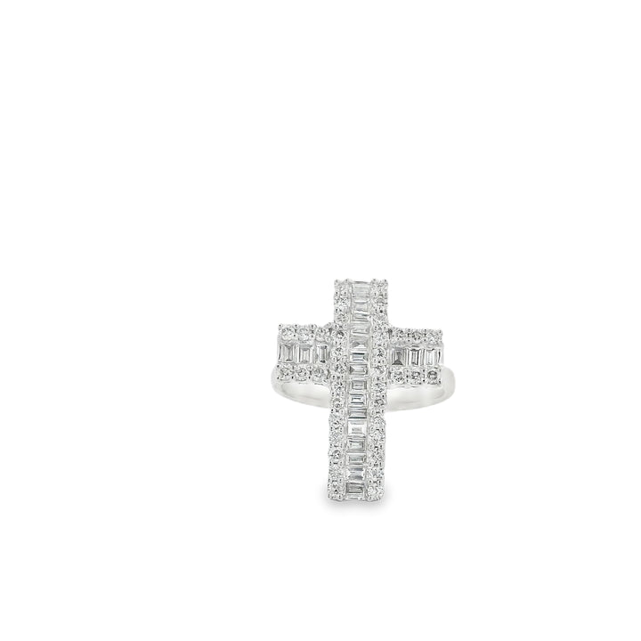 Estate 18K White Gold Cross Diamond Ring set with 38 Round Diamonds and 21 Baguette Diamonds, 0.82 ctw