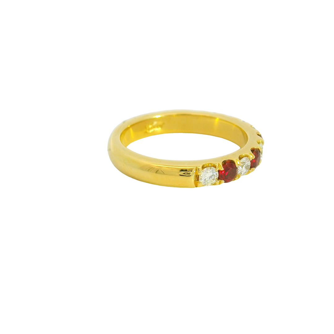 18K Yellow Gold Band Gemstone Ring set with 5 Rubies 0.35 ctw., and 5 G/H SI Diamonds 0.42 ctw,  total stone weight measures 0.77 ctw..