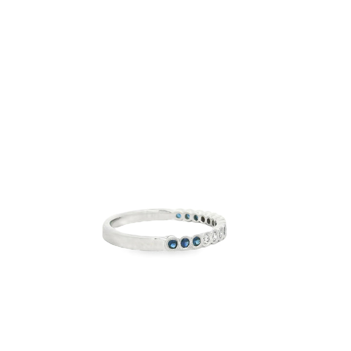14K White Gold Band with 9 Round Sapphires, 0.15 ct and 6 Round Diamonds, 0.09 ctw