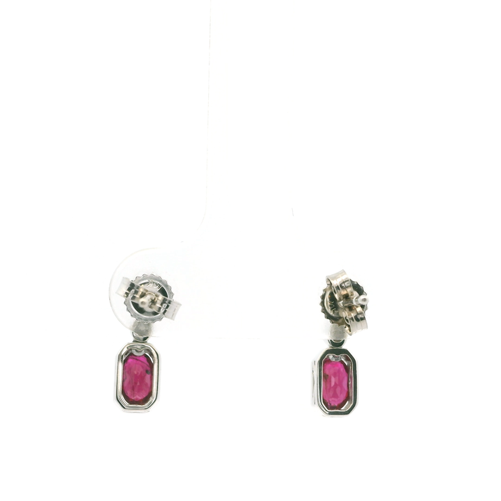14K White Gold Drop Earrings set with 2 Oval Rubies, 0.58 ctw and 4 Round Diamonds, 0.05 ctw
