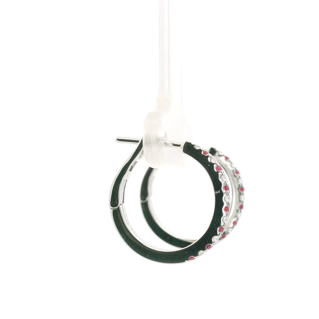 14K White Gold Hoop Earrings set with 14 Round Rubies, 0.15 ctw and 14 Round Diamonds, 0.11 ctw