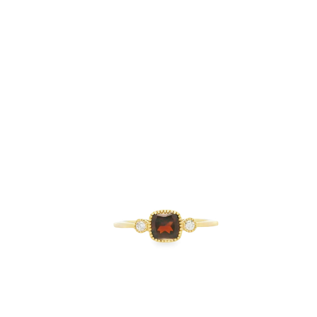 14K Yellow Gold Milgrain Bezel Three Stone Ring with 1 Cushion Garnet, 0.73 ct and 2 Round Diamonds, 0.06 ctw