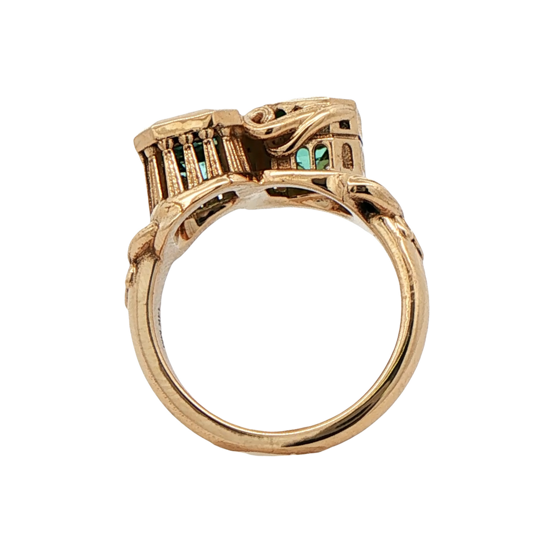Marthaler Made 14K Yellow Gold Colosseum and Parthenon Inspired Ring with 1 Asscher Cut Roman Glass, 1.24 ct and 1 Asscher Cut Roman Glass, 1.15 ct