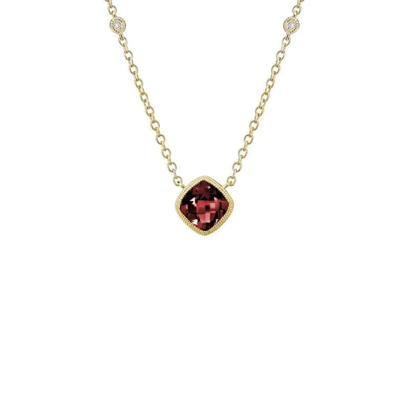 14K Yellow Gold Milgrain Bezel Pendant with 1 Cushion Garnet, 1.10 ct and 2 Round Diamonds, 0.03 ctw on a 16-18 Cable Chain