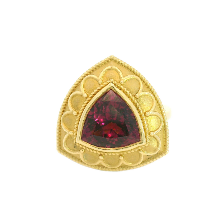 Marthaler Made 14K Yellow Gold Solitaire Gemstone Ring set with 1 Rhodolite Garnet total stone weight measures 4.04 ctw.