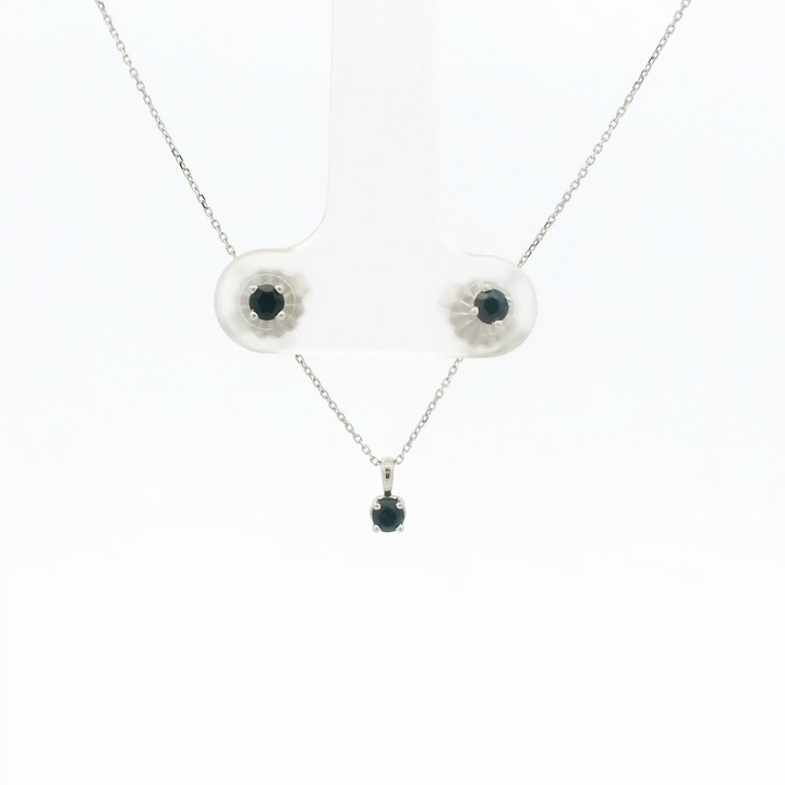 Marthaler Made Solitaire Stud Earrings in 14K White Gold with 2 Round Sapphires, 0.24 ctw and Solitaire Pendant in 14K White Gold with 1 Round Sapphire, 0.12 ct on a 18 inch Cable Chain