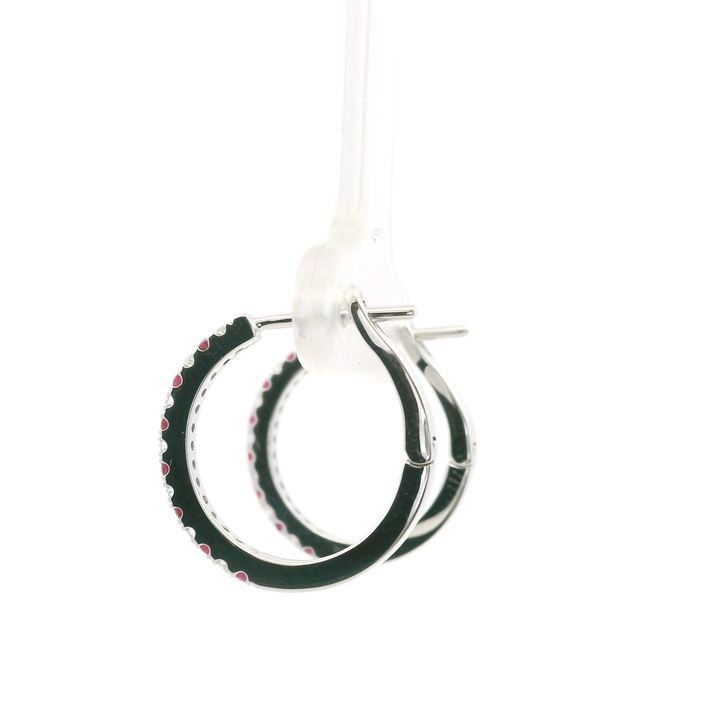 14K White Gold Hoop Earrings set with 14 Round Rubies, 0.15 ctw and 14 Round Diamonds, 0.11 ctw