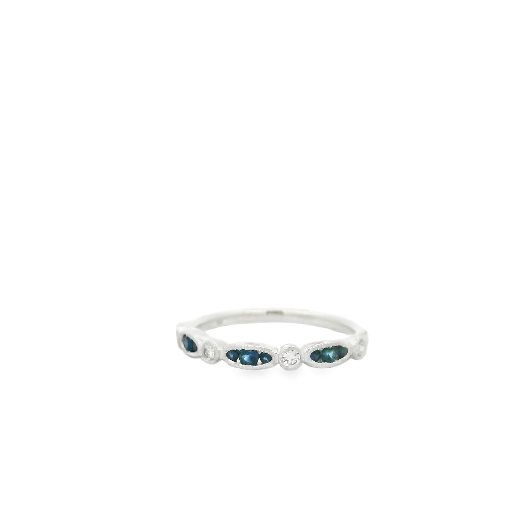 14K White Gold Gemstone Band set with 9 Round Sapphires, 0.19 ctw and 4 Round Diamonds, 0.10 ctw
