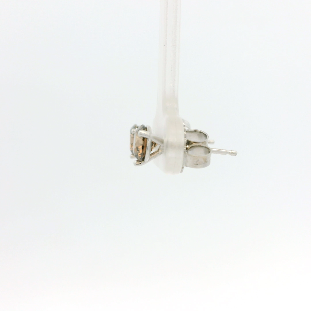 14K White Gold Stud Earrings set with 2 Round Fancy Dark Orangy Brown Diamonds, 1.01 ctw