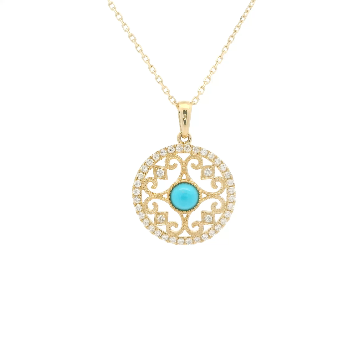 14K Yellow Gold Drop Gemstone Pendant with 1 Round Turquoise, 0.37 ct and 40 Round Diamonds, 0.30 ctw on a 16-18 inch 14K Yellow Cable chain