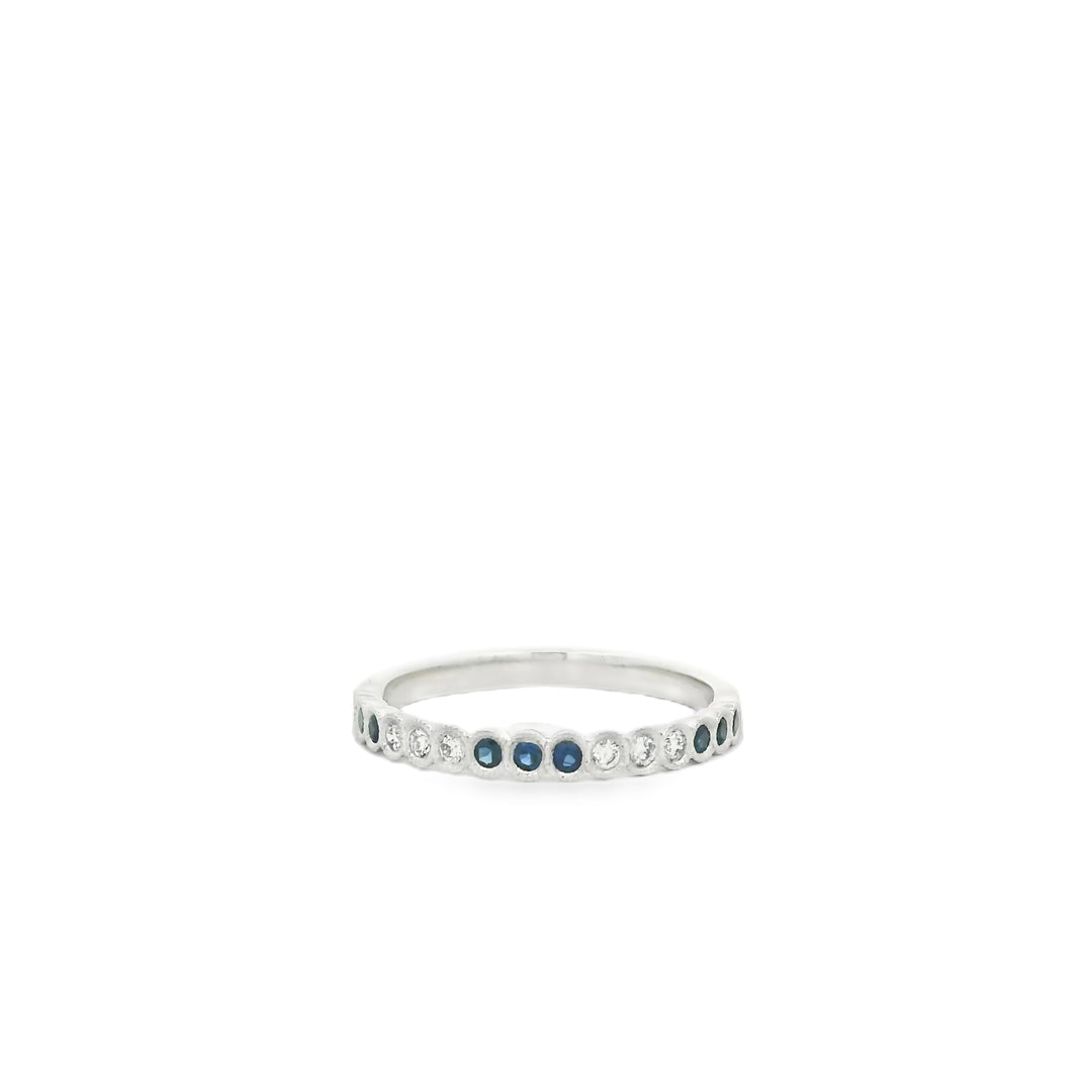 14K White Gold Band with 9 Round Sapphires, 0.15 ct and 6 Round Diamonds, 0.09 ctw