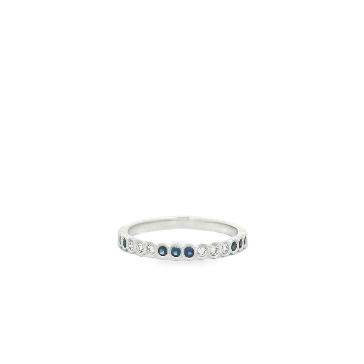 14K White Gold Band with 9 Round Sapphires, 0.15 ct and 6 Round Diamonds, 0.09 ctw