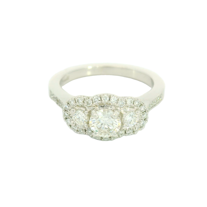 14KG White Gold Halo, Three stone Engagement Ring Total diamond weight for ring measures 0.76 ctw.