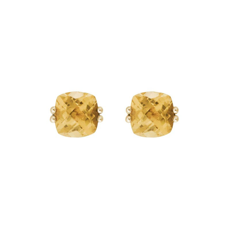14K Yellow Gold Stud Earrings set with 2 Cushion Citrines, 1.60 ctw