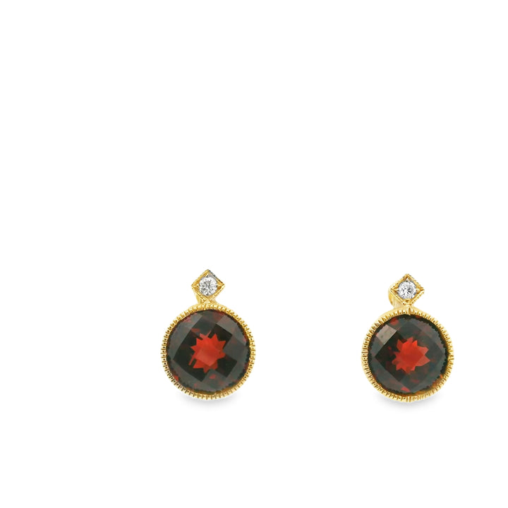 14K Yellow Gold Stud Earrings set with 2 Round Garnets, 3.70 ctw and 2 Round Diamonds, 0.04 ctw