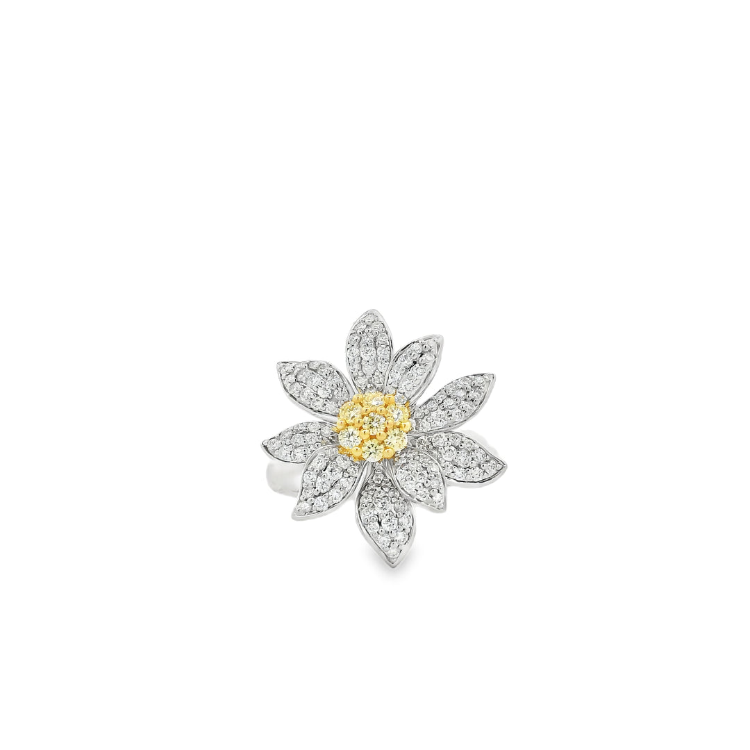18K Two Tone Flower Diamond Fashion Ring set with 7 Round Fancy Intense Yellow Diamonds, 0.18 ctw and 119 Round Diamonds, 0.66 ctw