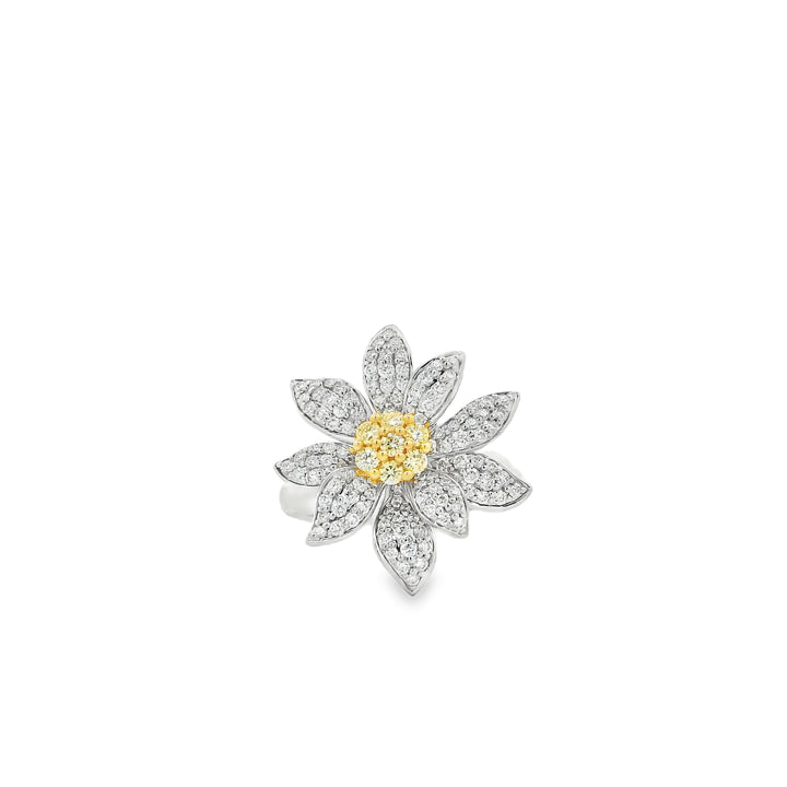 18K Two Tone Flower Diamond Fashion Ring set with 7 Round Fancy Intense Yellow Diamonds, 0.18 ctw and 119 Round Diamonds, 0.66 ctw